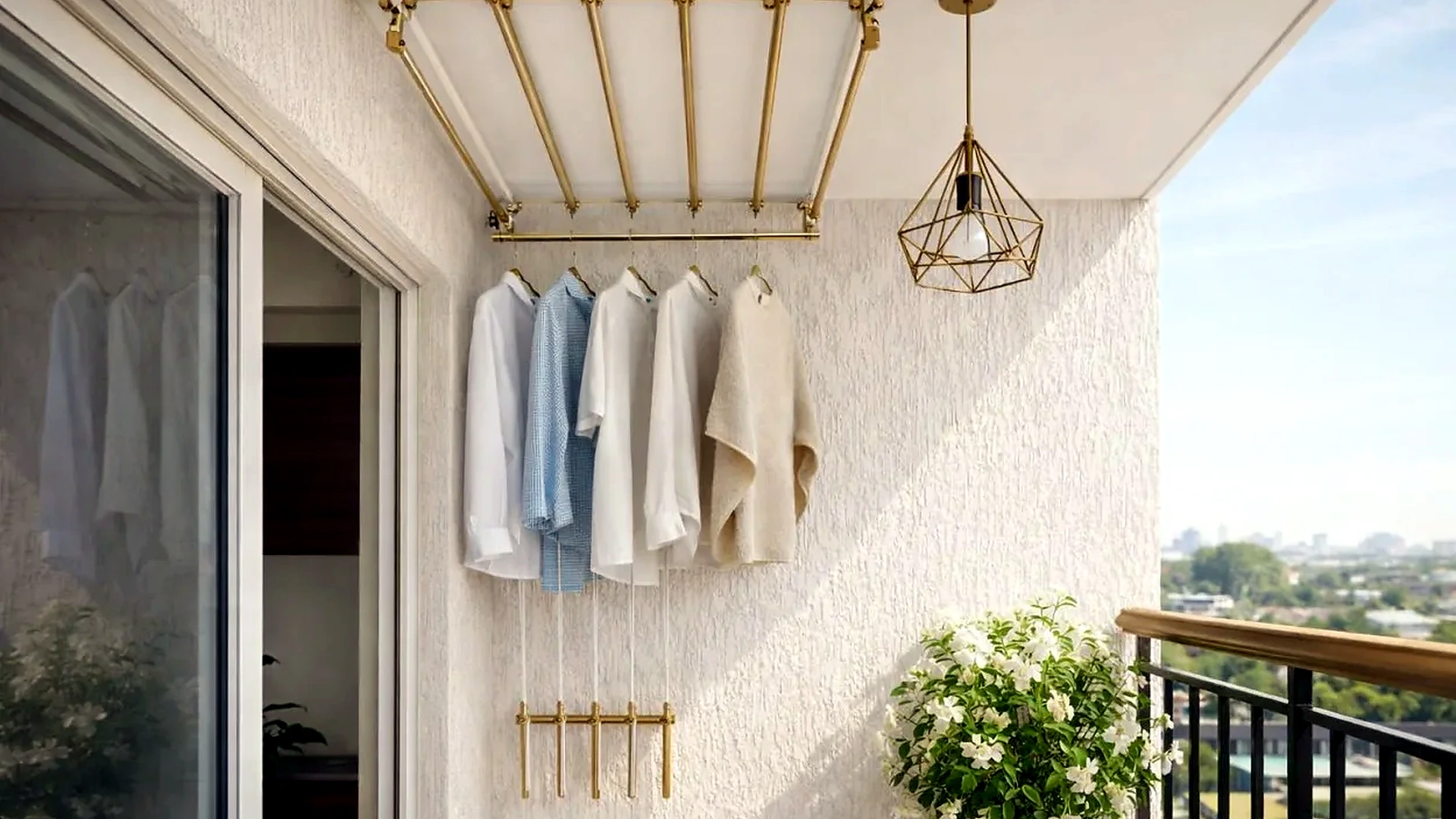Balcony ceiling cloth hanger installation beside an open view